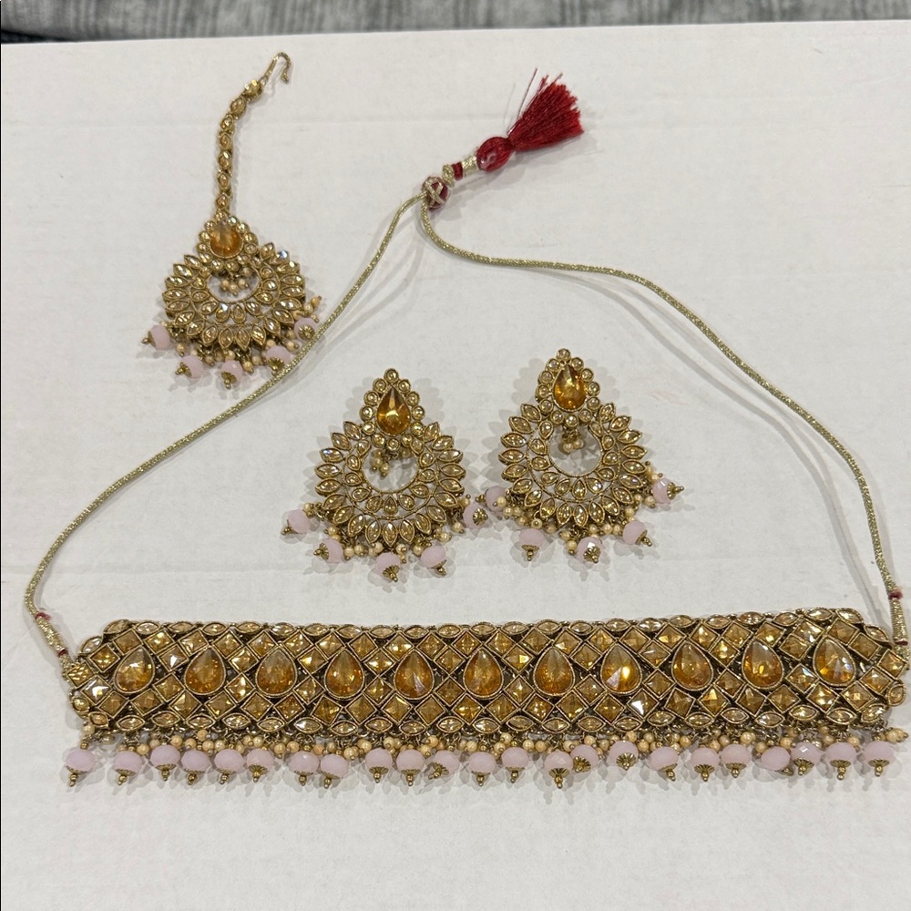 Unbranded Gold and Pink Kundan Choker Necklace with Earrings Set